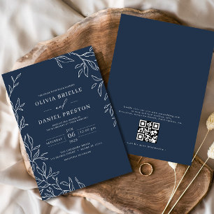QR Code Modern Navy Blue Minimal Leaf Wedding Invitation