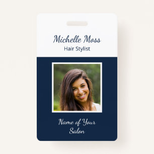 QR code Modern Photo Navy Blue Hair Stylist ID Badge