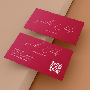 QR Code Modern Pure Hot Pink Handwritten Script Business Card