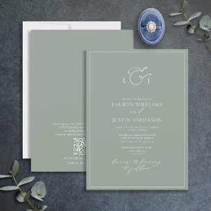 QR Code Modern Sage Green Calligraphy Monogram Inv Invitation