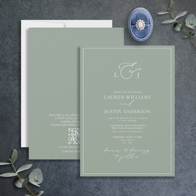 QR Code Modern Sage Green Calligraphy Monogram Inv Invitation (Creator Uploaded)
