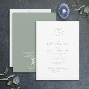 QR Code Modern Sage Green Calligraphy Monogram Invitation