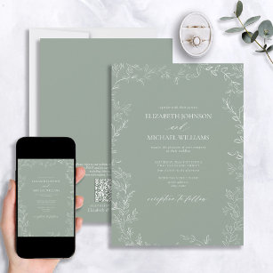 QR Code Modern Sage Green Minimal Leaf Wedding Invitation