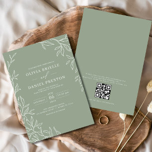 QR Code Modern Sage Green Minimal Leaf Wedding  Invitation