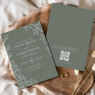 QR Code Modern Sage Green Minimal Leaf Wedding Invitation
