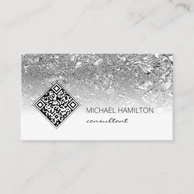 QR Code Modern Silver Business Card (Front)