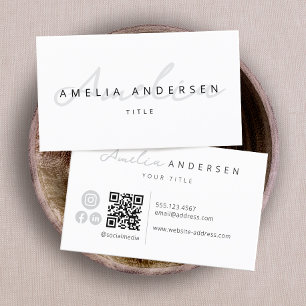 QR Code Modern White Professional Script Business Card
