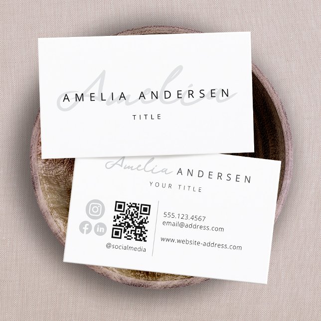 QR Code  Modern White Professional Script Business Card (Creator Uploaded)