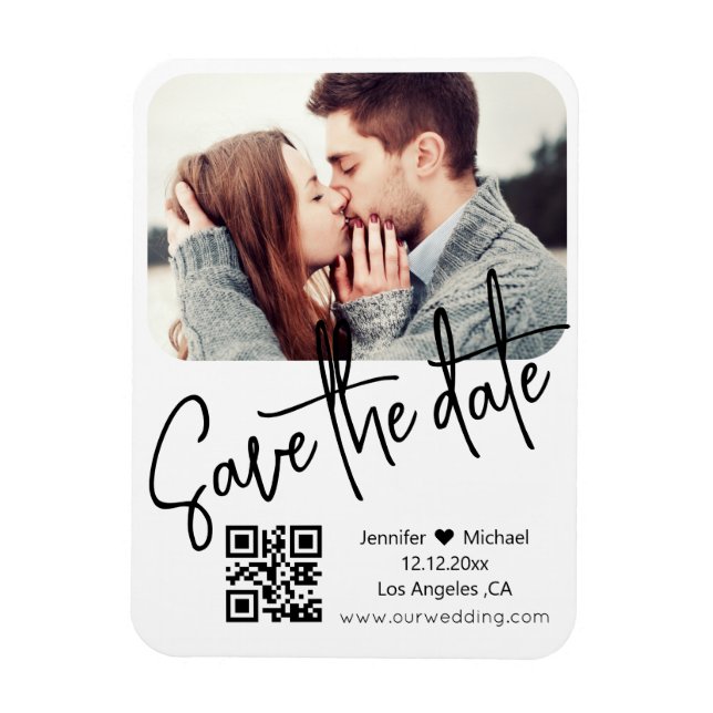 qr code modern white wedding photo save the date   magnet (Vertical)