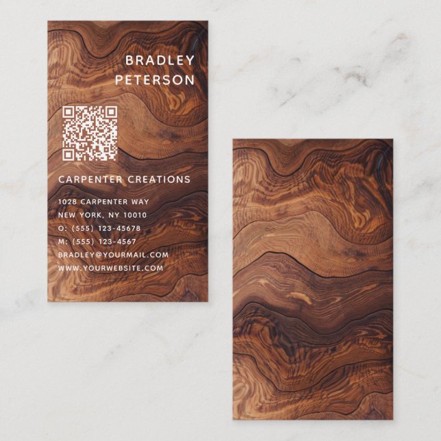 QR Code Modern Wooden Carpentry Construction Business Card (Front/Back)