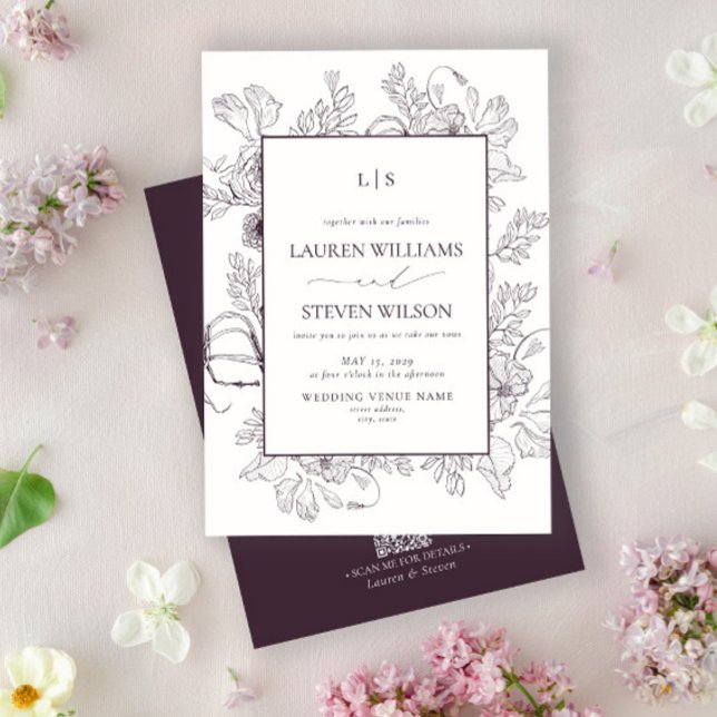 QR Code Monogram Elegant Purple Floral Wedding Invitation (Creator Uploaded)
