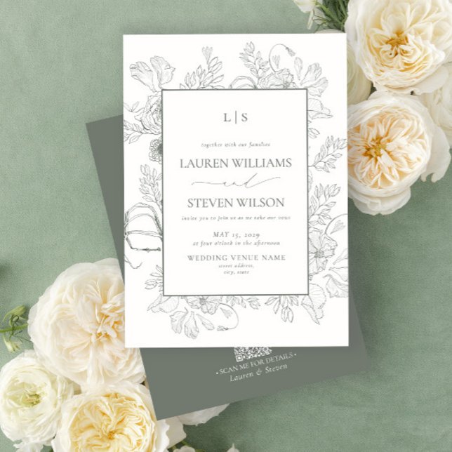 QR Code Monogram Elegant Sage Green Floral Line Invitation (Creator Uploaded)