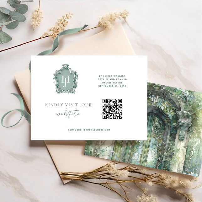 QR Code Monogram Green Timeless Hues RSVP Online Enclosure Card (Creator Uploaded)