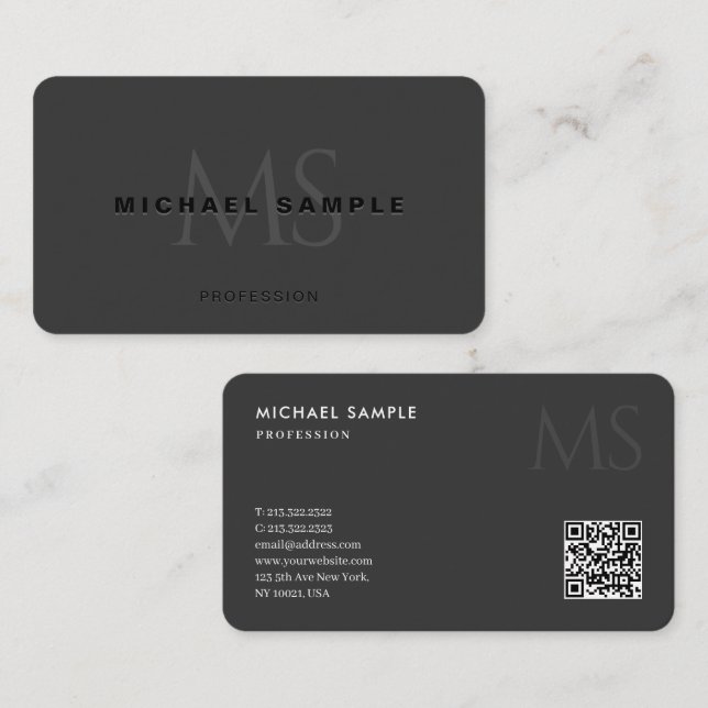 QR Code Monogram Initial Template Elegant Black Business Card (Front/Back)