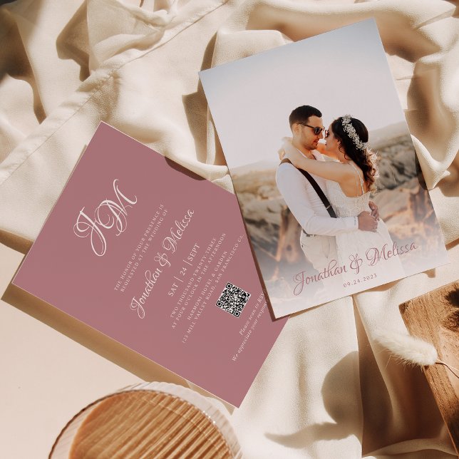 QR Code Monogram Script Dusty Rose Photo Wedding Invitation (Creator Uploaded)