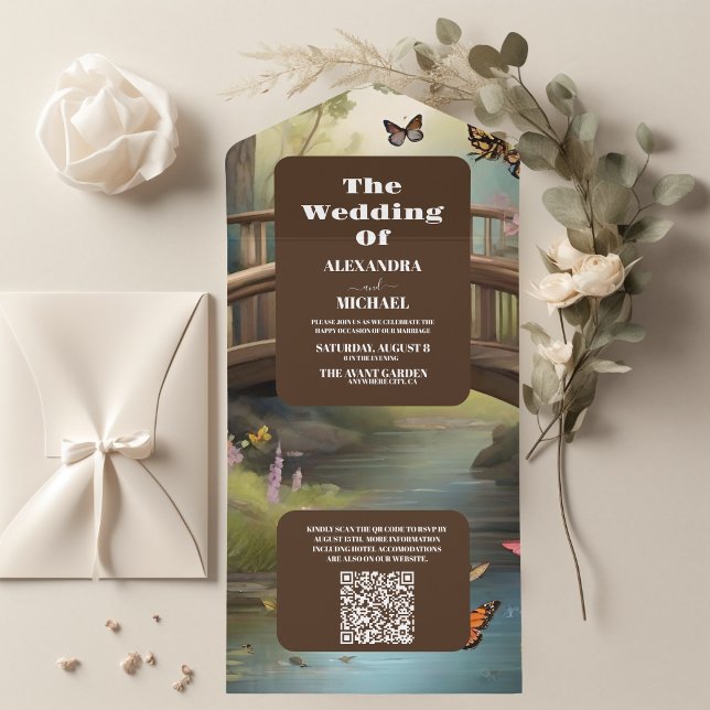 QR Code Mountain Lake Watercolor Tree Wedding All In One Invitation (Creator Uploaded)