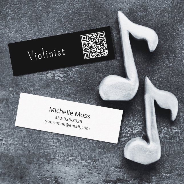 QR code Music Minimalist Violinist Black White  Mini Business Card (Creator Uploaded)