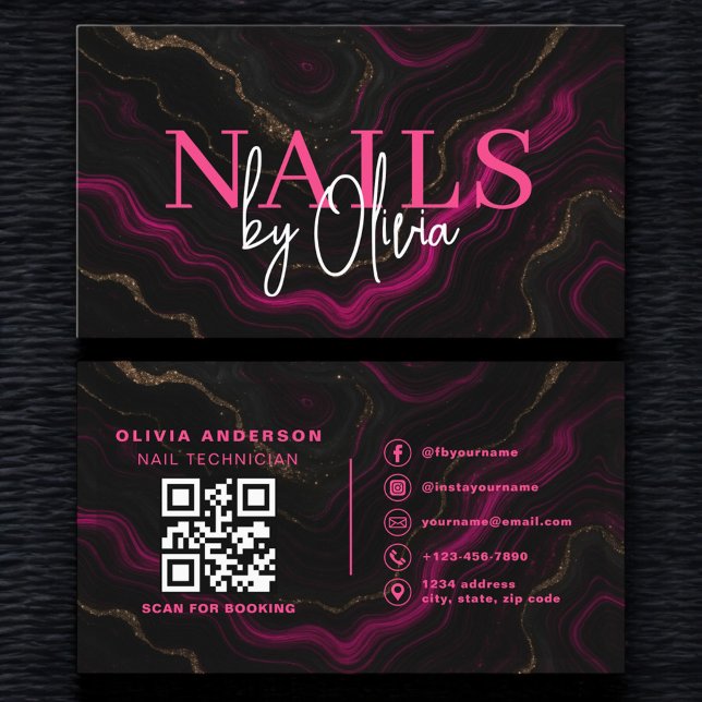 QR Code Nail Specialist Artist Black Hot Pink  Business Card (Creator Uploaded)