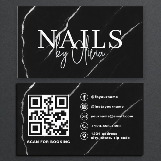 QR Code Nail Specialist Artist Black Silver Marble Business Card (Creator Uploaded)