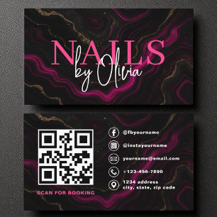QR Code Nail Specialist Artist Pink Black Agate Business Card