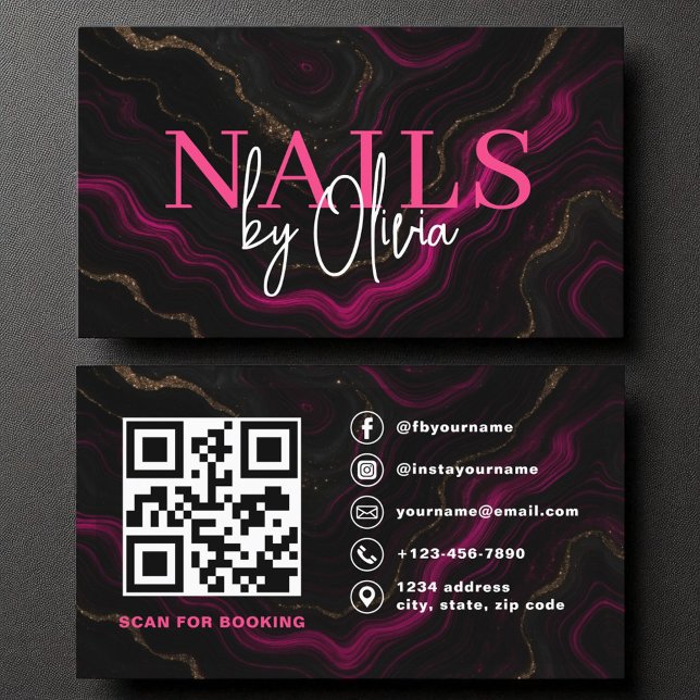QR Code Nail Specialist Artist Pink Black Agate Business Card (Creator Uploaded)