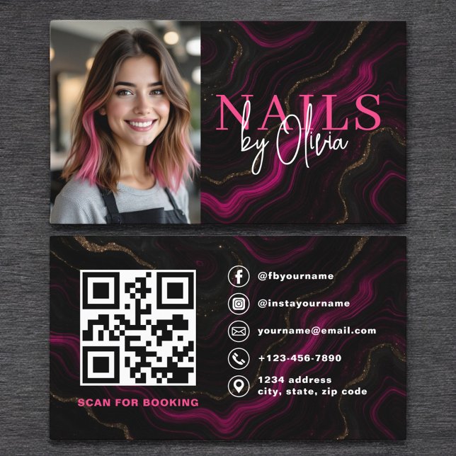 QR Code Nail Specialist Photo Hot Pink Marble  Business Card (Creator Uploaded)