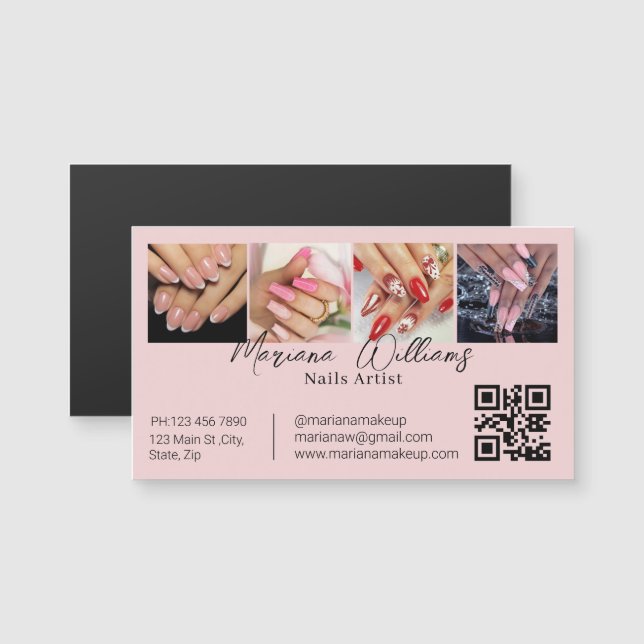 qr code nails artist 4 photos pink business magnet (Front/Back)
