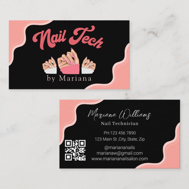 qr code nails artist tech black pink stylish business card (Front/Back)