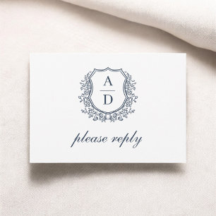 QR Code Navy Blue Crest Monogram Wedding RSVP Card