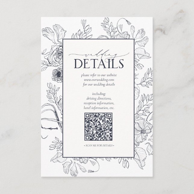 QR Code Navy Blue Floral Wedding Details Enclosure Card (Front)