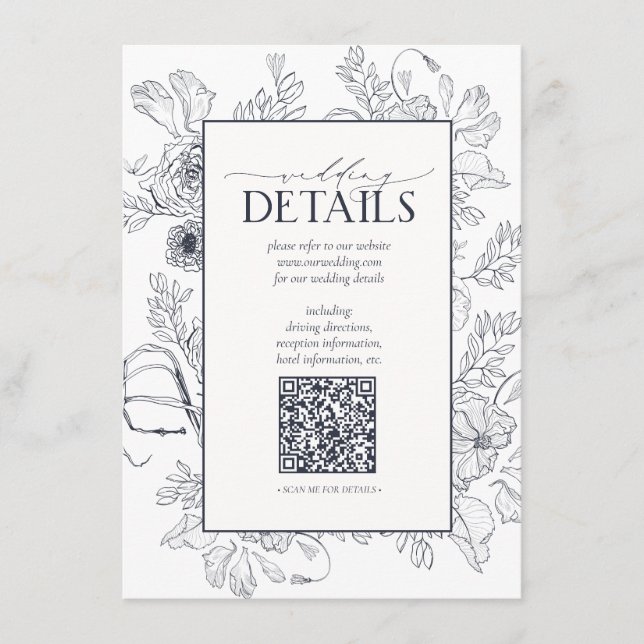 QR Code Navy Blue Floral Wedding Details Enclosure Card (Front)