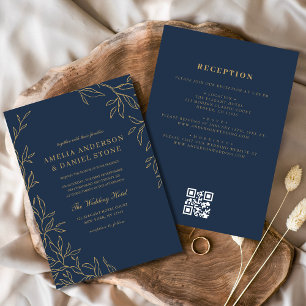 QR Code Navy Blue Gold Minimal Leaf Wedding Invitation