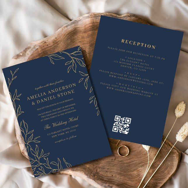 QR Code Navy Blue Gold Minimal Leaf Wedding  Invitation (Creator Uploaded)