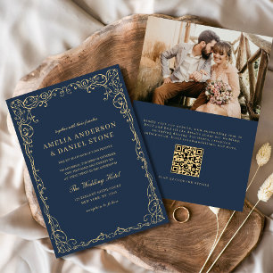 QR Code Navy Blue Gold Photo Minimalist Wedding Invitation