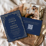 QR Code Navy Blue Gold Photo Minimalist Wedding Invitation<br><div class="desc">Bring modern elegance to your special day with this navy blue and gold minimalist wedding invitation featuring your custom photo and a built-in QR code. Guests can scan the code to RSVP, view your wedding website, or access event details instantly. The deep navy background paired with gold typography creates a...</div>