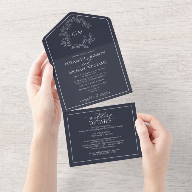QR Code Navy Blue Leafy Crest Monogram Wedding All In One Invitation (Tearaway)