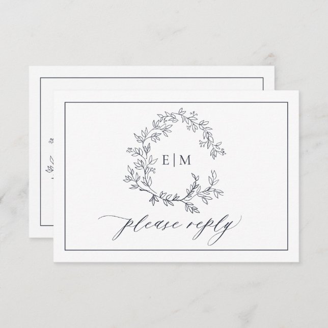 QR Code Navy Blue Leafy Crest Monogram Wedding RSVP Card (Front/Back)