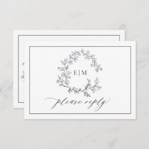 QR Code Navy Blue Leafy Crest Monogram Wedding RSVP Card