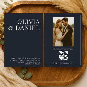 QR Code Navy Blue Minimalist Photo Wedding Invitation