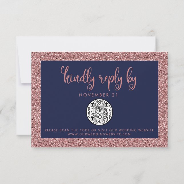 QR Code Navy Blue Rose Gold Glitter Wedding RSVP Card (Back)