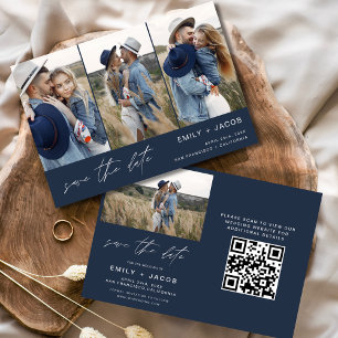 QR Code Navy Blue Save the Date 4 Photo Elegant 
