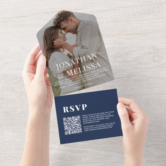 QR Code |  Navy Blue Simple Overlay Photo Wedding All In One Invitation (Tearaway)