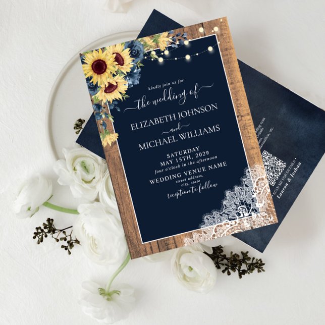 QR Code Navy Blue Sunflower Wood Lace Wedding Invitation (Creator Uploaded)
