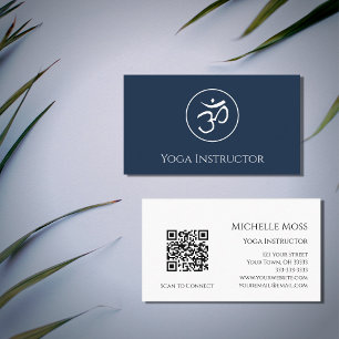 QR code Navy Blue Yoga Instructor Om Symbol Business Card