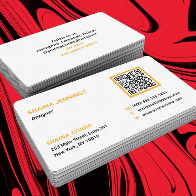 QR Code Networking Modern Black Orange White Business Card (Creator Uploaded)