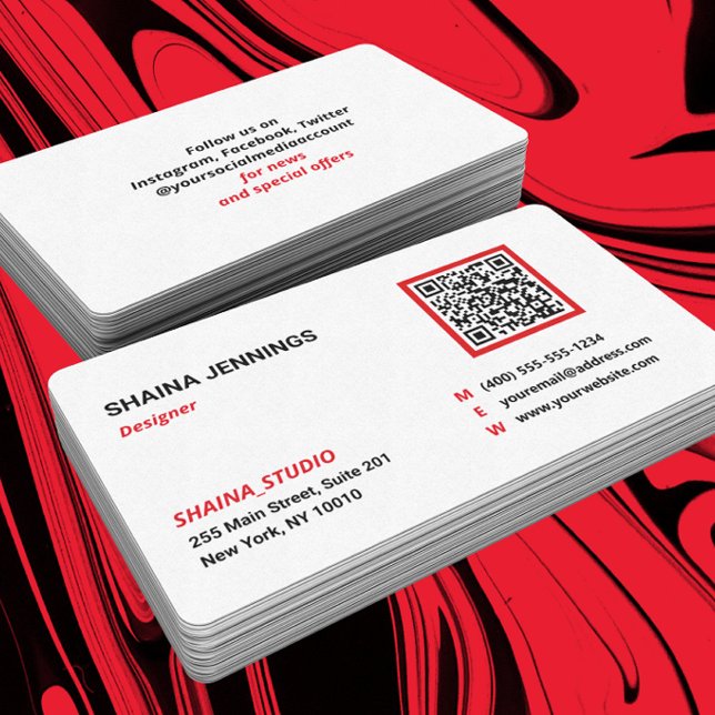 QR Code Networking Modern Black Red White Business Card (Creator Uploaded)