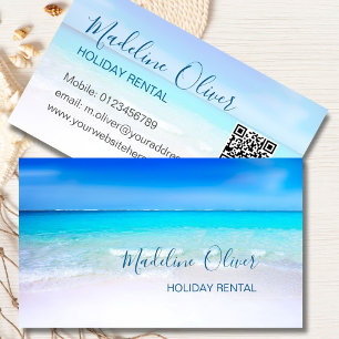 QR Code Ocean Beach Holiday Rental Blue Stylish Business Card