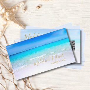 QR Code Ocean Beach Sea Travel Aqua Blue Gold Business Card