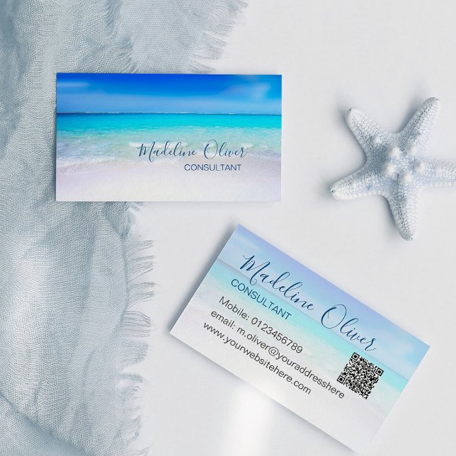QR Code Ocean Beach Sea Travel Aqua Blue Stylish Business Card (Creator Uploaded)