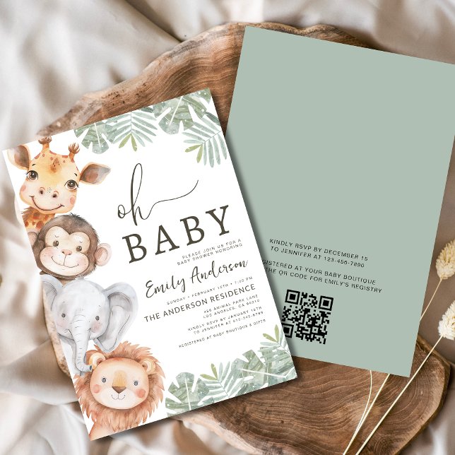 QR Code Oh Baby Safari Animal Boy's Baby Shower Invitation (Creator Uploaded)